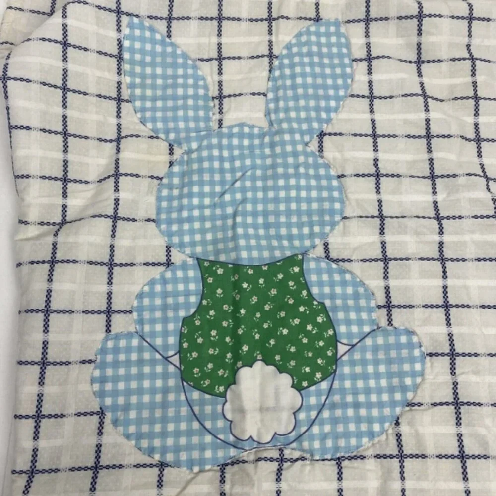 Vintage Baby Blanket Bunny Rabblit Patchwork Double Sided Front Back 44x28 Plaid